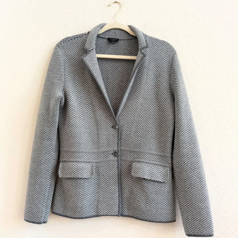Talbots Gray Herringbone Pure Merino Wool Sweater Blazer Jacket Womens Small S